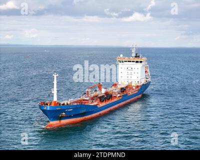 Ship moored in solent off Isle of Wight drone,aerial Stock Photo