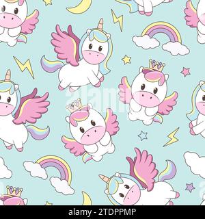 Seamless pattern with unicorns, rainbow, moon, stars. Vector tile Stock Vector