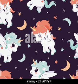 Seamless pattern with unicorns, moon, stars. Vector tile Stock Vector