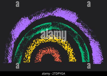 chalked rainbow. Hand drawn colored charcoal symbol. Vector doodle grunge marker drawing. Freehand different curved squiggles, swirls on black backgro Stock Vector
