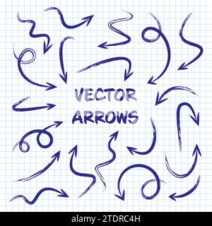 Grunge hand drawn arrows on checkered paper sheet. School notebook for drawing. Doodle arrow icon, simple monochrome pointer silhouettes. Outline Stock Vector