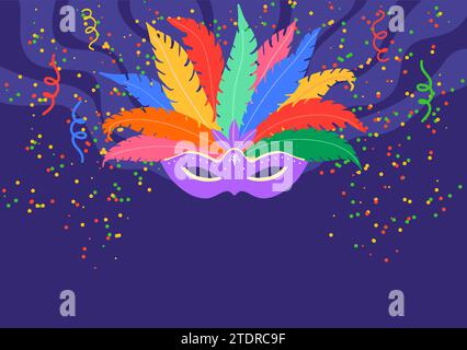 Vector illustration of a colorful Carnival mask with feathers and confetti in a blue background with copy space Stock Vector