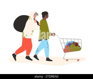 Homeless people walking with cart. Street beggars in dirty clothes cartoon vector illustration Stock Vector
