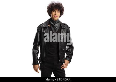 Guy in a leather jacket and black scarf around neck isolated on white background Stock Photo