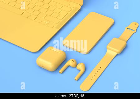 Realistic aluminum laptop with smart watch, headphones and phone isolated on black background. 3D rendering concept of creative designer equipment and Stock Photo