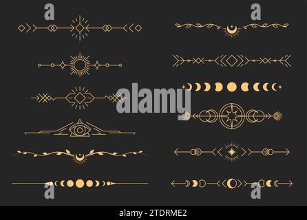 Mystical book vignettes in tarot style, esoteric dividers and separators set, magic delimiters, vector Stock Vector