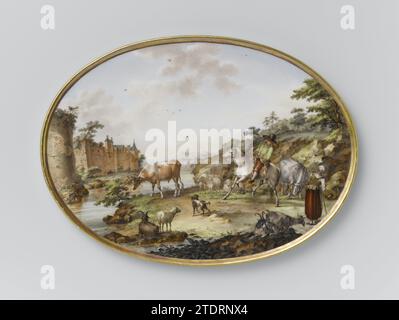 Two oval plates with figures and cattle in a river landscape, Manufactuur Oud-Loosdrecht, c. 1778 - c. 1782 Porcelain plate. Oval, with slightly raised gilded edge. Multicolored painted with a river landscape with figures and cattle and a castle in the background. On the right a man talks on horseback with a standing sheep herdster. In the middle of the top edge a slot as a hanging hole. Loosdrecht porcelain Porcelain plate. Oval, with slightly raised gilded edge. Multicolored painted with a river landscape with figures and cattle and a castle in the background. On the right a man talks on hor Stock Photo