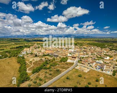 Aerial view of the village of Ariany, fields and rural surroundings and ...