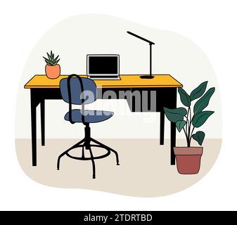 Work Place with desk, office chair, laptop vector. Stock Vector