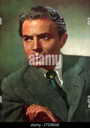 Portrait of James Mason, renowned for his roles in classics like 'North by Northwest' (1959). Born on May 15, 1909, and passing on July 27, 1984, Mason's deep voice and intense demeanor made him a sought-after leading man in both British and American cinema. Stock Photo