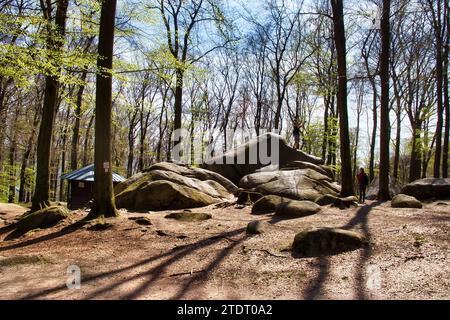 Lautertal, Germany - April 24, 2021: Hut in trees and rocks with shadows on a spring day at the top of Felsenmeer in Germany. Stock Photo