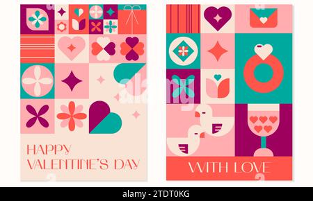 Happy Valentines day geometric abstract greeting card, poster set.Mosaic background bauhaus style Stock Vector