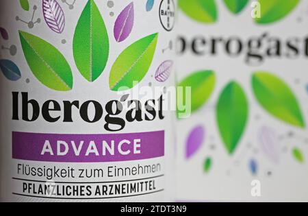 Viersen, Germany - June 9. 2023: Closeup of bottle herbal medicine for gastrointestinal complaints Iberogast advance Stock Photo