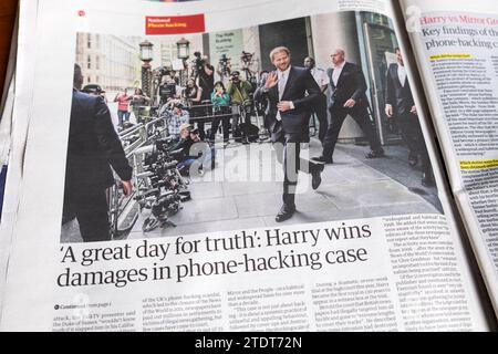 'A great day for truth'' (Prince) Harry wins damages in phone hacking case' Guardian newspaper headline at court on16 December 2023 London England UK Stock Photo