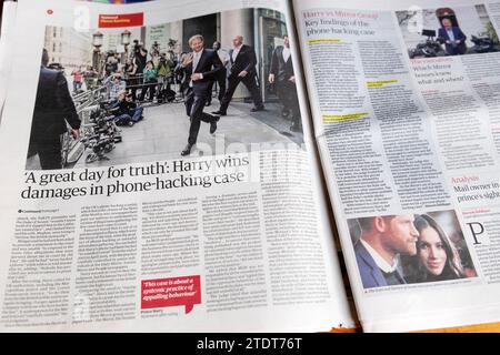 'A great day for truth'' (Prince) Harry wins damages in phone hacking case' Guardian newspaper headline at court on16 December 2023 London England UK Stock Photo
