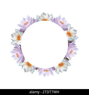 Watercolor floral wreath with purple white waterlilies Hand painted illustration Circle frame for invitations postcards logos wedding Women day 2024 Stock Photo