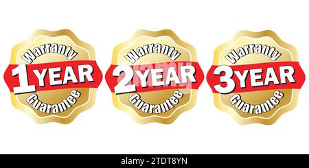 Warranty Icons in Gold, with 1, 2 and 3 year labels, promotional vector icon, Warranty Seal Stamp Stock Vector