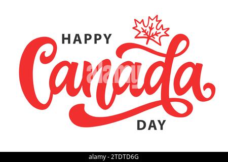 Happy Canada Day handwritten lettering logo with a red maple leaf ...