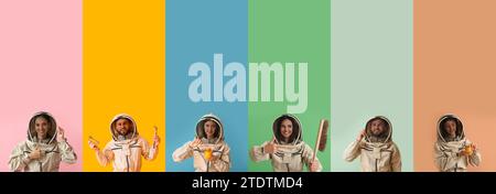 Set of beekeepers in protective suits on color background Stock Photo