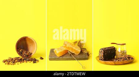 Collage of bee products on yellow background Stock Photo