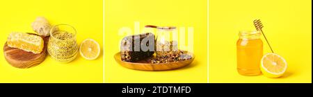 Collage of bee products on yellow background Stock Photo