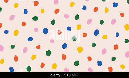 Colorful polka dot abstract pattern on beige background. Contemporary childish doodle design. Vector circle confetti backdrop. Fun simple festive Stock Vector