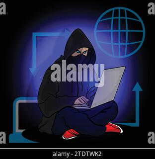 hacker sitting with notebook on lap, vector illustration Stock Vector