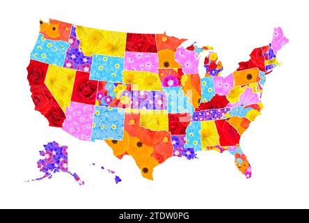 The USA as a map with the individual states in different flowers with a white background Stock Photo