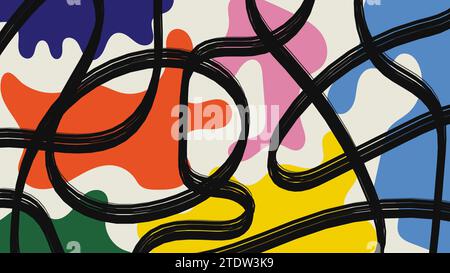 Abstract doodle background with colorful organic shapes and graffiti lines. Minimalism trendy pattern with liquid forms and figures. Funky design in Stock Vector