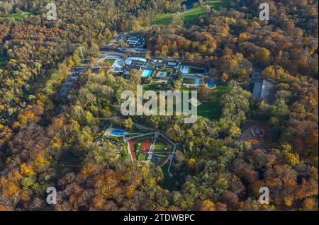 Aerial view, Vonderort with sauna, wellness and outdoor pool in the Quellenbusch health park, exercise and sports hill in the Vonderort district park, Stock Photo