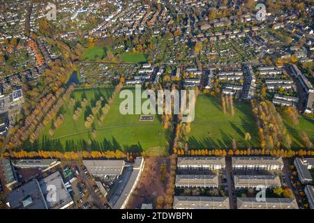 Aerial view, meadow area Prosperpark and terraced housing estate, surrounded by autumnal deciduous trees, north-east, Bottrop, Ruhr area, North Rhine- Stock Photo