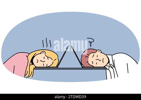 Tired couple sit at table fall asleep during computer work. Exhausted man and woman suffer from fatigue nap at laptop in office. Vector illustration. Stock Vector