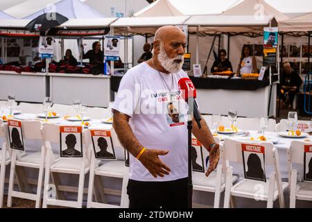 Tel Aviv, Israel - December 17, 2023 The father of Omri MIRAN, who was kidnapped by Hamas the October 7 terrorist attack, is interviewed by the televi Stock Photo