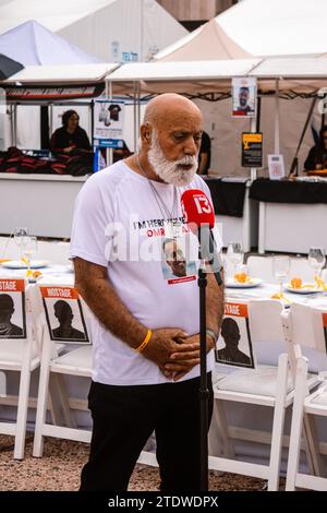 Tel Aviv, Israel - December 17, 2023 The father of Omri MIRAN, who was kidnapped by Hamas the October 7 terrorist attack, is interviewed by the televi Stock Photo