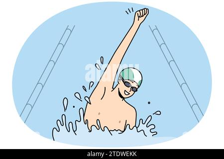 Smiling young man in cap and glasses celebrate win finish first swimming in pool. Excited guy triumph with victory in competition. Sport and hobby. Vector illustration. Stock Vector