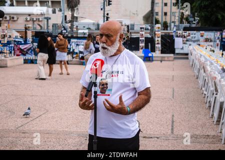 Tel Aviv, Israel - December 17, 2023 The father of Omri MIRAN, who was kidnapped by Hamas the October 7 terrorist attack, is interviewed by the televi Stock Photo