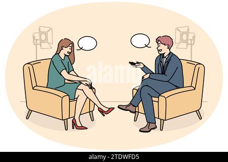 Smiling people sitting in chairs in studio filming TV program. Happy interviewer and interviewee have discussion shooting live broadcast. Vector illustration. Stock Vector