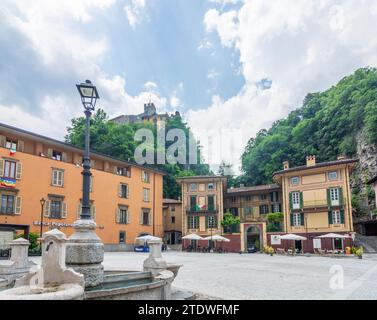 Breno: main square Pietro Ronchi,  villa Ronchi, Breno Castle in Brescia, Lombardia, Lombardy, Italy Stock Photo