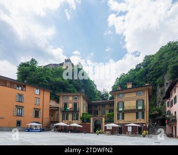 Breno: main square Pietro Ronchi,  villa Ronchi, Breno Castle in Brescia, Lombardia, Lombardy, Italy Stock Photo