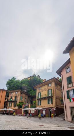 Breno: main square Pietro Ronchi,  villa Ronchi, Breno Castle in Brescia, Lombardia, Lombardy, Italy Stock Photo