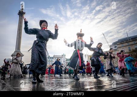 Performers from The Mongol Khan production perform in Trafalgar Square ahead of the show opening, London, UK. Stock Photo