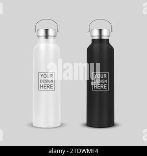 Vector Realistic 3d White and Black Blank Glossy Metal Reusable Water Bottle Icon Set with Silver Bung Closeup Isolated on White Background. Design Stock Vector