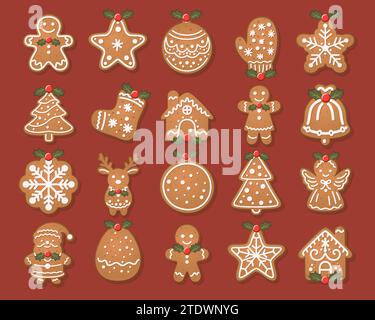 Flat Vector Gingerbread Set. Christmas Icons. Gingerbread Design Template, Holiday Winter Symbol. New Year Cookies, Sweets Concept. Vector Stock Vector