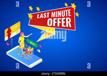 Isometric red last minute offer button sign, Sale timer tag. Sale banner or Promotion Online shopping store Stock Vector