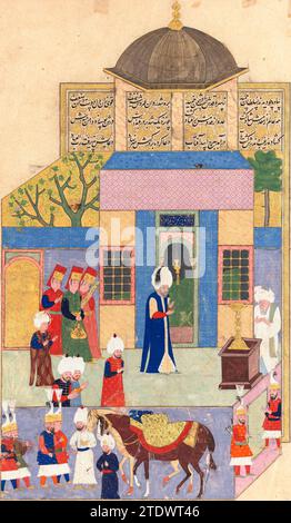 Suleiman the Magnificent on his pilgrimage to visit the shrine of Abu Ayyub al-Ansari at the Eyüp Sultan Mosque. Folio 38 from the ‘History of Sultan Süleyman’ 1579 illuminated manuscript by Sayyid Luqman. Stock Photo