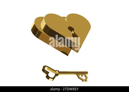 love, two golden hearts, with key and padlock, which key opens or closes a love? on white background illustration in 3D graphics. Valentine's Day cele Stock Photo