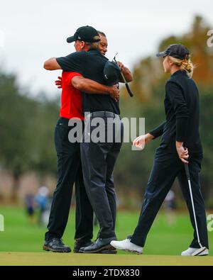 Orlando, Florida, USA. 17th Dec, 2023. Tiger Woods hugs Steve Stricker after the Final Round 18th hole of the PNC Championship golf tournament at the Ritz-Carlton Golf Club in Orlando, Florida. Darren Lee/CSM/Alamy Live News Stock Photo