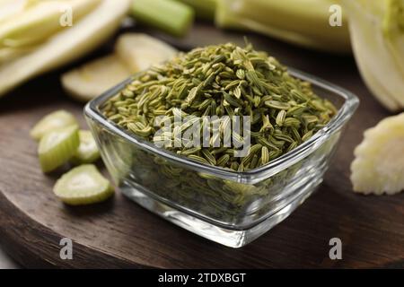 Fennel seeds in bowl on table, closeup Stock Photo