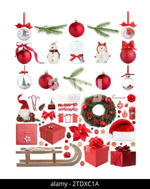 Christmas staff and gift boxes isolated on white, collection Stock Photo