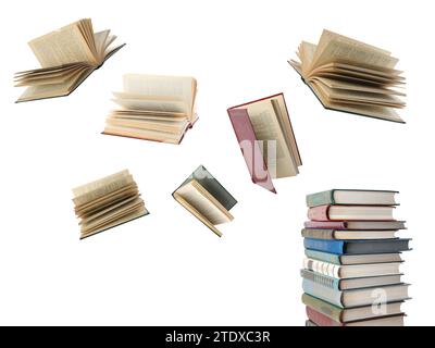 Books flying over stack on white background Stock Photo